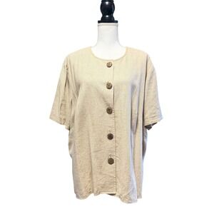 John Roberts Woman Linen Blend Button Front Short Sleeve Blouse Top sz 20W Beige